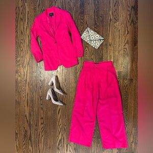 Banana Republic Factory Hot Pink Linen-Blend Power Suit | Blazer & Wide-Leg Pant